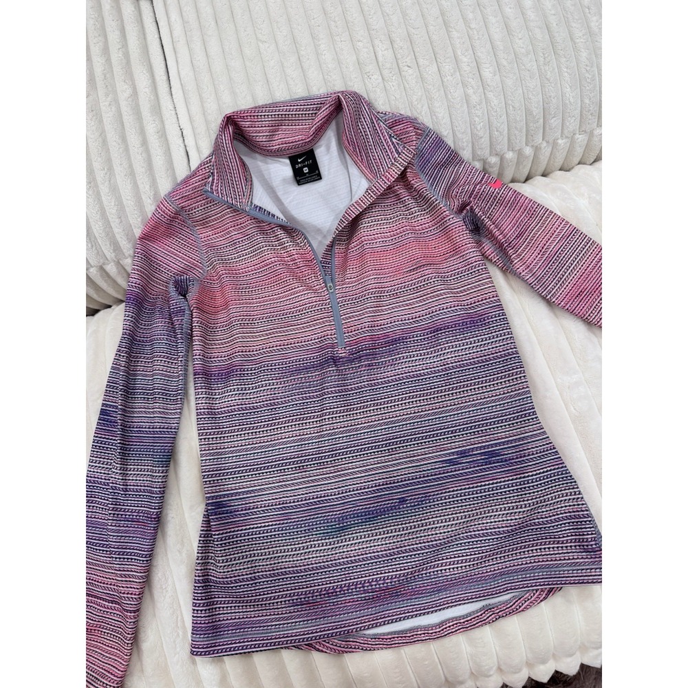 Nike Dri-FIT Women's 1/4 Zip Long Sleeve Pullover Striped Pink Purple M